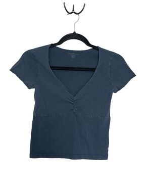 Brandy Melville Navy V-Neck Ruched Short Sleeve Tee